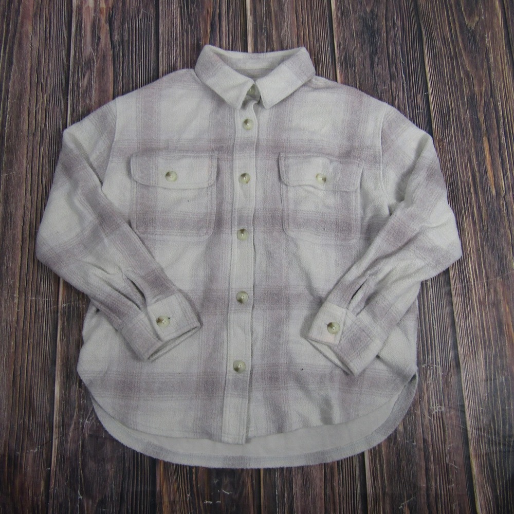American Eagle Plaid Shirt Women Size‎ S Cream Grey Fleece Button Front Flannel